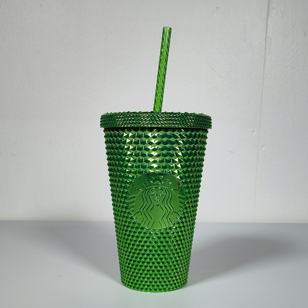 Starbucks green metallic studded 16 oz tumbler with straw for cold beverages